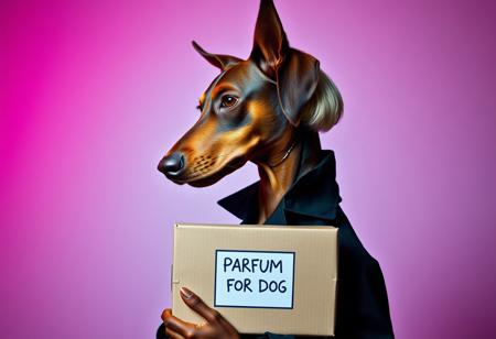 An anthropomorphic brown Dobermann dog with soft, long, natural ears and a blonde bobcut with long hair in the back, wearing a black trenchcoat, depicted in profile, side view. The dog is holding a cardboard box labeled ‘Parfum for Dogs’ in a surreal and avant-garde fashion illustration style. The scene features a turquoise silver grunge aesthetic against a gradient magenta and teal background. The setting includes vivid colors, filigree details, and photorealistic rendering. The lighting is moody chiaroscuro, enhanced by the visual distortion of fisheye cinema prime lenses (9mm) and noir film-style color correction