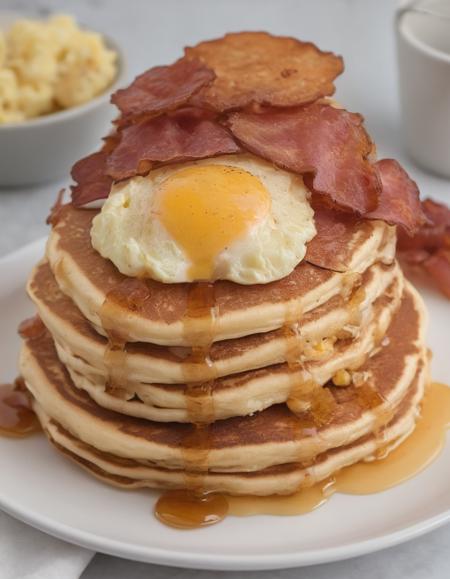 A classic American breakfast plate with fluffy scrambled eggs, crispy bacon, golden hash browns, and a stack of buttermilk pancakes drizzled with maple syrup, served on a white ceramic plate.