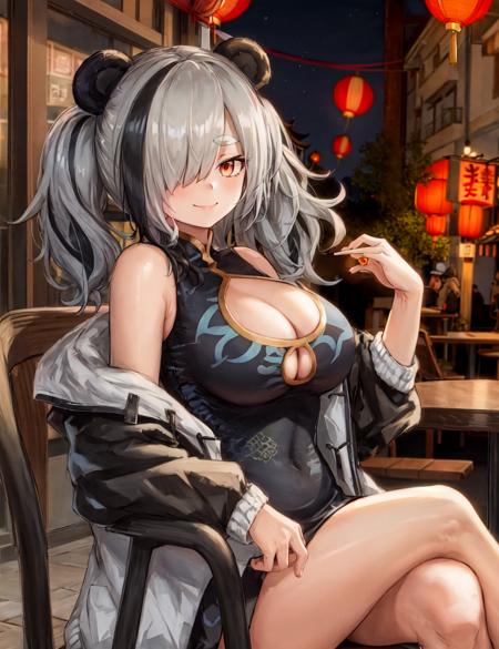 masterpiece, best quality, <lora:FeaterNaiV1:0.7>, 1girl, solo, feater \(arknights\), panda ears, eyebrows, orange eyes, grey hair, hair over one eye, long hair, multicolored hair, black streaked hair, twintails, large breasts, black china dress, chinese clothes, bare shoulders, white jacket, black sleeves jacket, open jacket, cleavage cutout, cleavage, night, street, restaurant, paper lantern, from side, crossed legs, sitting, smile