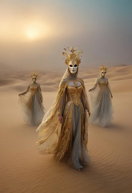 WhiteMold, 
A surreal opera scene where masked figures in gold-trimmed garments walk through a dreamlike, misty desert, their clothing catching an unseen breeze as distant celestial bodies float in the sky.
opulent theatrical costume meets surreal dreamlike landscape, rich jewel-toned fabrics with intricate gold embroidery, ethereal mist and floating surreal elements, elegant ballet and opera-inspired poses, glowing fantastical atmosphere, soft painterly textures blending realism with fantasy