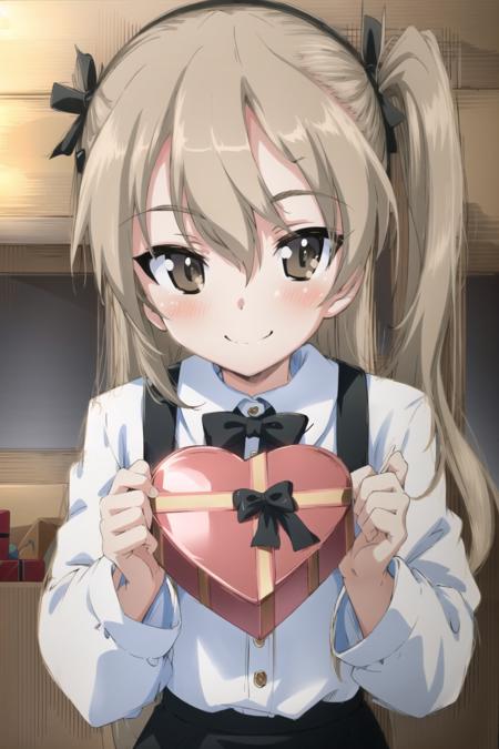 <lora:shimada_arisu:0.8>,  shimada arisu, 1girl, brown eyes, one side up, smile, gift, blush, box, looking at viewer, heart, standing