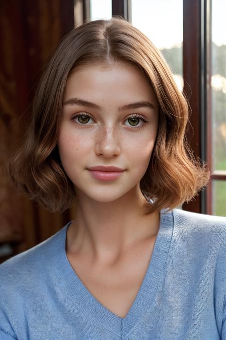 portrait of skswoman, embarrassed , wearing cashmere , with Bob , background chicken coop epic (photo, studio lighting, hard light, sony a7, 50 mm, matte skin, pores, colors, hyperdetailed, hyperrealistic), <lyco:Olivia Casta:1.1>