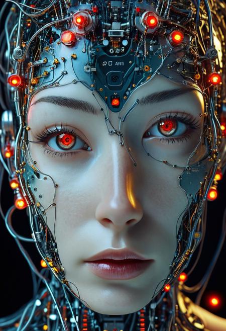 Wired cyborg, biomechanical depiction: A high-quality photograph showcases a woman's face, divided in two halves. The left half is a mechanical construct, resembling a futuristic cyborg or android with elaborate circuitry and wiring visible beneath her skin. This mechanical side features a dark metallic color, glowing red circuitry, and numerous miniature, glowing red lights, creating a mysterious and otherworldly look. In contrast, the right half of her face appears human, with a pale complexion that conveys a sci-fi horror aesthetic.