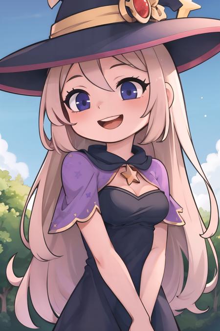 masterpiece, best quality,
blue sky,
cute,
1girl, upper body, happy,
witch hat, purple hat, big hat, star print, witch, dress, (pink dress:0.7), star print dress, (light brown hair:1.1), (wavy hair, long hair:0.5), (pink capelet:0.6), (purple dress:0.5),