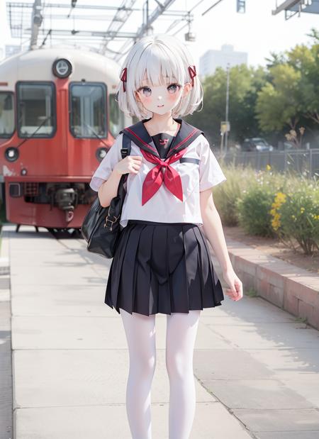 1girl, white pantyhose,short hair,serafuku,train,standing, <lora:white tights2:0.6>,white hair,pleated skirt