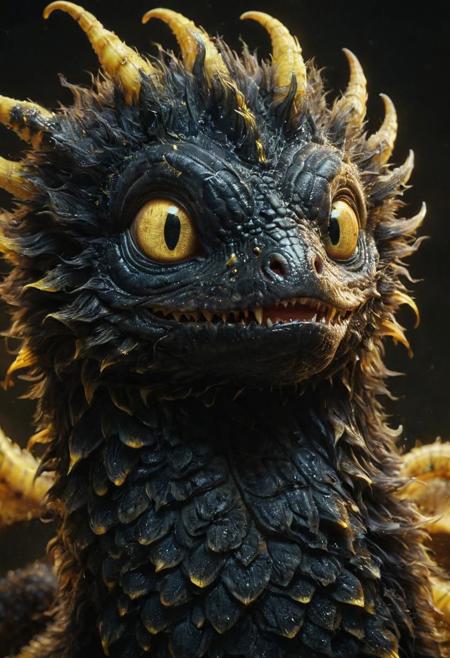 Super Closeup Portrait, Envision a whimsical fantasy world where a colossal, huge, and irresistibly fluffy dragonworm Like black yellow lindworm takes center stage. Picture the lindworm with a mischievous charm, its surface reflecting a soft glow. 
very detailed, hd, RAW photograph, masterpiece, top quality, best quality, official art,highest detailed, atmospheric lighting, cinematic composition, complex multiple subjects, 4k HDR, vibrant, highly detailed, Leica Q2 with Summilux 35mm f/1.2 ASPH, Ultra High Resolution, wallpaper, 8K, Rich texture details, hyper detailed, detailed eyes, detailed background, dramatic angle, epic composition, high quality , (8k, RAW photo, highest quality), hyperrealistic,