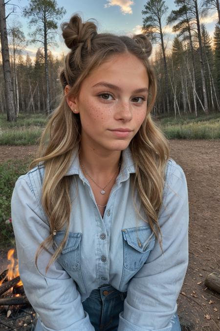 <lora:Wolvie_andr3ada1mauva11sFULL_v5:1>, andr3ada1mauva11s, woman, (toned), wavy hair, masterpiece, best quality, cute, ultra-detailed, high res, highly detailed, perfect face feature, freckles, twin buns, braids, campfire, jeans, long sleeved flannel shirt, puffy vest, boots, roasting marshmallows, fall forest background