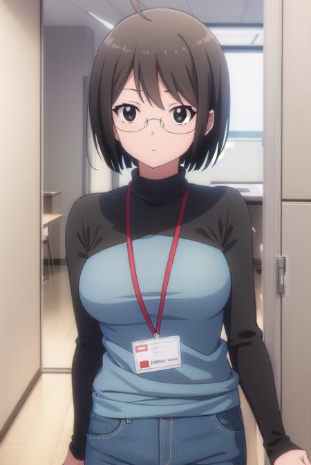 lucyyamagami, <lora:lucy yamagami s1-lora-nochekaiser:1>,
lucy yamagami, short hair, black hair, (black eyes:1.5), ahoge, glasses,
BREAK pants, sweater, turtleneck, id card, lanyard,
BREAK indoors, office,
BREAK looking at viewer, (cowboy shot:1.5),
BREAK <lyco:GoodHands-beta2:1>, (masterpiece:1.2), best quality, high resolution, unity 8k wallpaper, (illustration:0.8), (beautiful detailed eyes:1.6), extremely detailed face, perfect lighting, extremely detailed CG, (perfect hands, perfect anatomy),