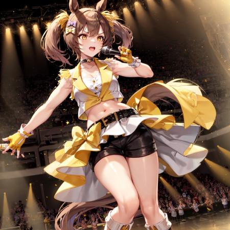 masterpiece, best quality, 
smart falcon \(umamusume\), 
full body, standing, stage lights, glowstick, 
holding microphone, music, singing, 
official alternate costume, hair bow, star hair ornament, choker, fingerless gloves, yellow gloves, crop top, sleeveless jacket, midriff, navel, belt, yellow bow, white skirt, pleated skirt, shorts under skirt, black shorts, bike shorts, boots, 
<lora:smart_falcon_loha:0.6>