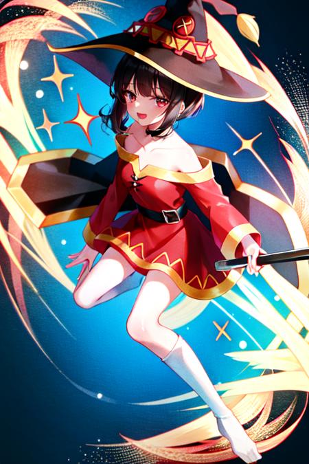 konosuba, megumin,(best quality, extremely best quality, masterpiece:1.5),((1girl,solo)),short girl ,blush , red eyes, looking at viewer , red dress, witch hat , black hair , thighhighs, bandaged leg ,smile ,cape ,collarbone ,open mouth ,bare shoulders ,off shoulder ,holding  staff,  off-shoulder dress  <lora:megumin_v3:0.6>