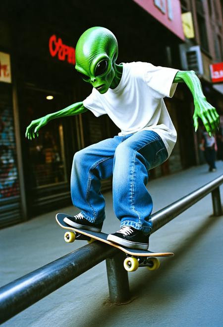 a y2k style photograph low angle shot of an alien with green skin wearing hiphop style clothing with baggy blue jeans and a plain white tshirt skateboarding through a city street. The alien is rideing the skateboard along a metal railing as the alien balances on the board with his arms streached out beside him. The shot is taken with a y2k photography style with a slight fish-eye lense. The alien is grinding along the railing, the skateboard is on top of the railing. The photograph captures the full scene. captured from floor level.