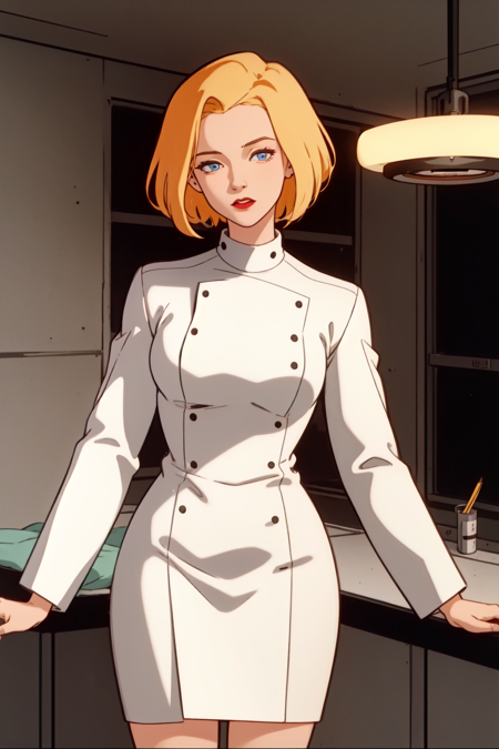 AgentL, 1girl, solo, blonde hair, short hair, blue eyes MIBSuit, jacket, necktie, shirt, pencilskirt VestSuit, vest, shirt, necktie, pencilskirt LabCoat, pencilskirt 1990s (style)