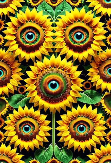 8k, Raw digital photo, an endless fractal made of sunflowers and eyes, kaleidoscopic patterns, vivid psychedelic colors, dreamlike dimension, Full Colour, 80mm,