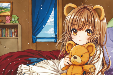 best quality, masterpiece, extremely detailed, detailed background, 1girl, brown hair, animal ears, long hair, solo, stuffed toy, bear ears, brown eyes, stuffed animal, teddy bear, indoors, bedroom, scenery, close up, solo focus, frills, skirt,