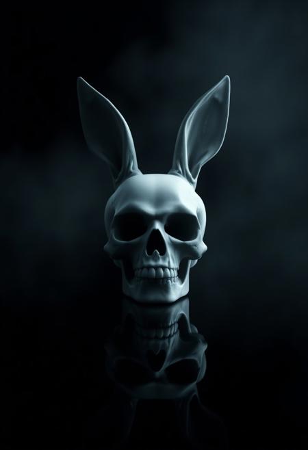 A white skull with rabbit ears on a black background in the style of a game icon. highly detailed and hyper realistic photo, by Alena Aenami , by Archibald Thorburn , by Daniele Afferni ,  in the style of  monochromatic silhouette reflection,  limited dark palette, unusual dark colors, faded colors, atmospheric haze, highly dramatic cinematic lighting, motion blur, film grain,  professional, excellent composition, finest details, maximized details, ultimate detail level, masterpiece, best quality