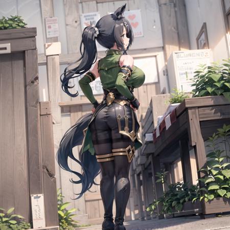 outdoors, satono_crown, solo, (1girl,  black_side_ponytail, green eyes, bare_shoulders, sleeveless, large breasts, long_legs, horse_ear, single_crown_hair ornament, horse_tail, black collar:1.1, yellow tie, green_shirt, black_elbow_gloves, black_skirt,  pantyhose:1.1 , thigh strap, thighhighs, high_heel_boots), standing, hands_on_hips, (full_body:0.8), <lora:satono_crown_v1.0_locon_AdamW8bits:0.65>