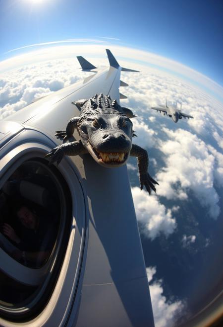 “A crocodile jogging on the wing of an Airbus, its scaly body moving with surprising agility in the wind, looking directly at the viewer through the window of the plane. The scene is captured with a cheap GoPro camera using a hyper fisheye lens, creating a distorted, wide-angle view. The plane is cruising high above the clouds, sunlight reflecting off its metal surface. Inside the cabin, passengers are visible through the window, clearly startled by the sight. The crocodile has a scary, creepy clown smile, its sharp teeth visible as it grins unsettlingly. In the background, an F-35 fighter jet floats among the clouds, adding to the surreal, bizarre atmosphere of the scene.”