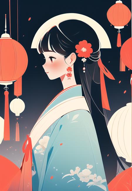 gfbpch, 1girl, jewelry, earrings, black hair, long hair, profile, hanfu, flower, hair ornament, bangs, upper body, hair flower, red flower, long sleeves, blush, lantern<lora:MW_å½é£æå¹³æç»_v1:0.9>