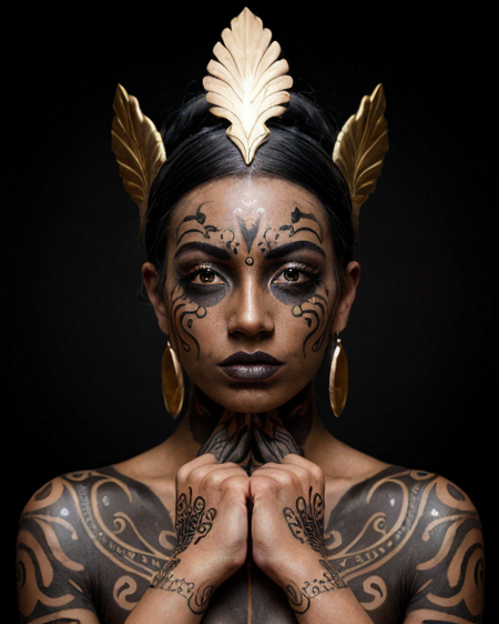 A person with black body paint and golden details and headpiece covers their face with their hands.
The image depicts a person with striking body art against a black background. Their skin is painted completely black, providing a dark canvas for the intricate golden designs that adorn them. A large, ornate golden headpiece covers much of their face, featuring delicate scrollwork and decorative elements that extend down, creating a mask-like appearance. Golden lines and patterns are also painted across their body, resembling elaborate tattoos or tribal markings. The person's hands, also painted black, are brought up to cover the lower half of their face, with only their eyes and the upper portion of their nose visible through the headpiece. Their fingernails are painted a glossy grey. They wear rings on their right hand, suggesting some personal adornment amidst the body art.
The atmosphere of the image is enigmatic and artistic. The stark contrast between the black body paint and the shimmering gold creates a dramatic visual effect. The dim lighting and dark background enhance the mysterious and intense mood. There are no visible objects other than the person and their body art. The figure's pose of covering their face adds a sense of intrigue and perhaps vulnerability or contemplation. The overall mood is one of dark elegance and artistic expression, focusing on the transformation of the human form through body paint and adornment.