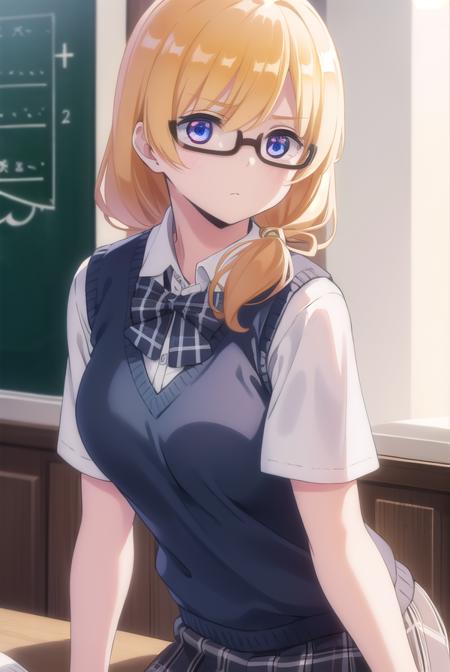 emilythomas, <lora:emily thomas anime s1-lora-nochekaiser:1>,
emily thomas, long hair, blue eyes, blonde hair, glasses, semi-rimless eyewear, black-framed eyewear, under-rim eyewear,
BREAK shirt, bow, school uniform, white shirt, short sleeves, bowtie, sweater vest,
BREAK indoors, classroom,
BREAK looking at viewer,
BREAK <lyco:GoodHands-beta2:1>, (masterpiece:1.2), best quality, high resolution, unity 8k wallpaper, (illustration:0.8), (beautiful detailed eyes:1.6), extremely detailed face, perfect lighting, extremely detailed CG, (perfect hands, perfect anatomy),