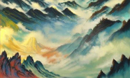 <lora:hot-fog-mountain_v0-2:1>rog_mountain, scenery. painting , waterful, cloud sky,rock