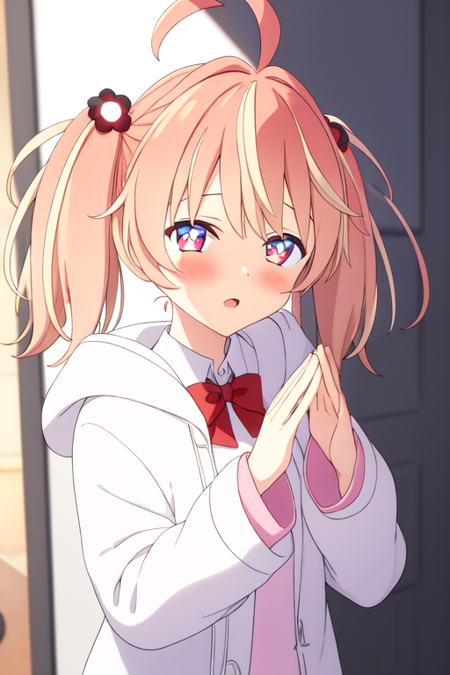 rinne, hair bobbles, a cartoon girl in a white jacket that is doing something with two hands, 1girl, solo, virtual youtuber, ahoge, shirt, red bow, blush, white jacket, looking at viewer, hood, jacket, bow, pink shirt, twintails, hair ornament