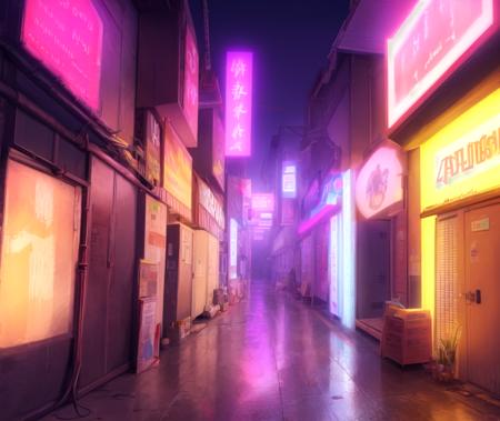 ((masterpiece)), (best quality), (detailed), very detailed, neon lighting, nighttime, alleyway, neon signs, colorful, vibrant, pink, purple, blue