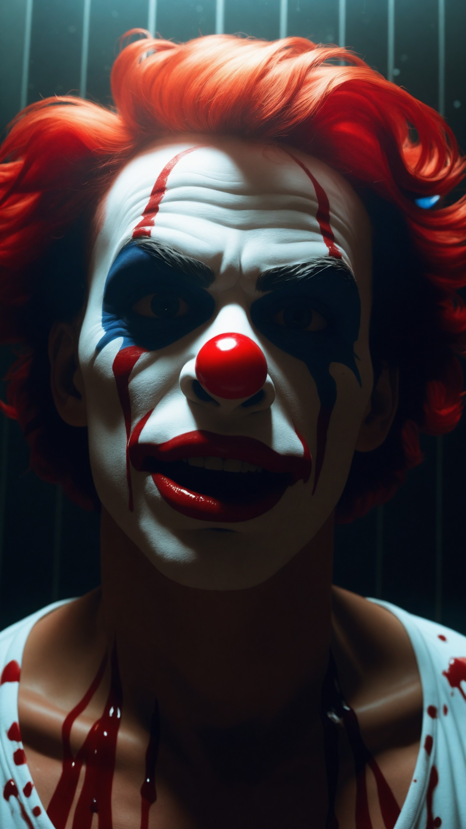 A cinematic photo of a 25 year old half american half scottish killer clown, big forehead, red clown wig, running into a g...