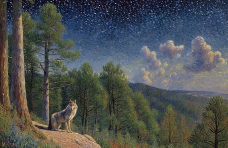 (impressionism:1.15), A wolf with constellation fur , Cliff/Bluff, pine forest, (Vincent Di Fate:0.8), scenery,a painting,scene painting,