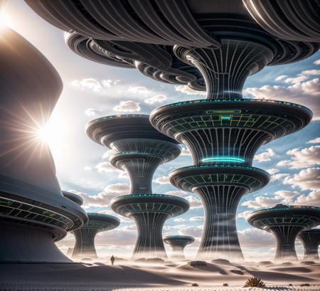 "A colossal futuristic research facility rising from a crystalline desert under a twilight sky, designed with intricate sci-fi architecture featuring illuminated corridors, layered metallic towers, holographic energy fields, massive observation windows, and bioengineered gardens integrated into the structure. The scene is alive with faint mist, scattered light reflections, and dynamic shadows. Emphasize hyper-realistic textures: brushed steel, frosted glass, organic flora merging with machine elements, all lit by surreal ambient lighting. Cinematic perspective, ultra-detailed environment, extreme realism, majestic atmosphere, immersive depth."