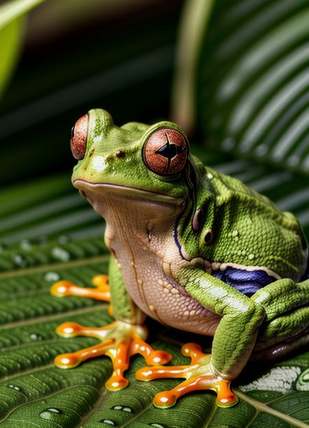 Hyper-realistic close-up of a green frog, vibrant colors, standing on top of a leaf in middle of a lake, deep red eyes, detailed skin, sharp focus on the head and eyes, natural lighting