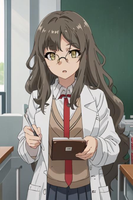 best quality, masterpiece, highres, solo, {futaba_rio_seishunbutayarou:1.15}, long_hair, brown_hair, brown_eyes, glasses, necktie, 1girl, labcoat, school_uniform, red_necktie, open_mouth, upper_body