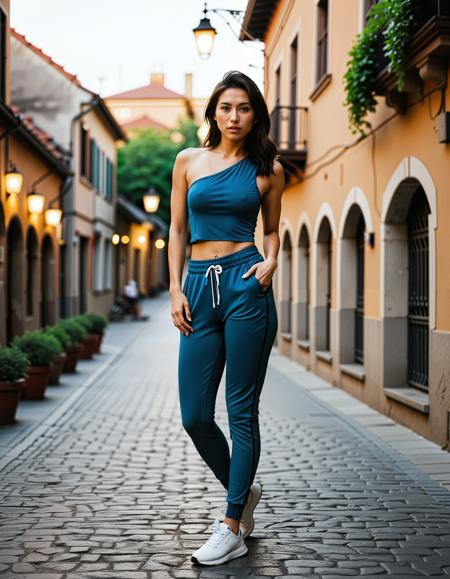 RAW full body analogue photo of a beautiful 25 years old woman, clear focus, high resolution image, Asian woman, dark hair, <lora:Ai_Lotus:0.75>,,  ,wearing a Sleek One-Shoulder Sports Top and High-Waisted Joggers, a one-shoulder sports top with a fitted design, paired with high-waisted joggers that taper at the ankle, made from a stretchy, moisture-wicking fabric, (coiled hair:1.3),,high quality, film grain, Fujifilm XT3, 8k uhd, dslr, film grain, kodak tri-x 400 film, grain photo DOF, faint lighting, dynamic angle, cinematic, Depth of field, bokeh, best quality, cinematic, light particles, highly_detailed, very_aesthetic, golden hour, beautiful_and_aesthetic ,Sexy pose, erotic pose, exhibitionism, ,Cobblestone courtyard