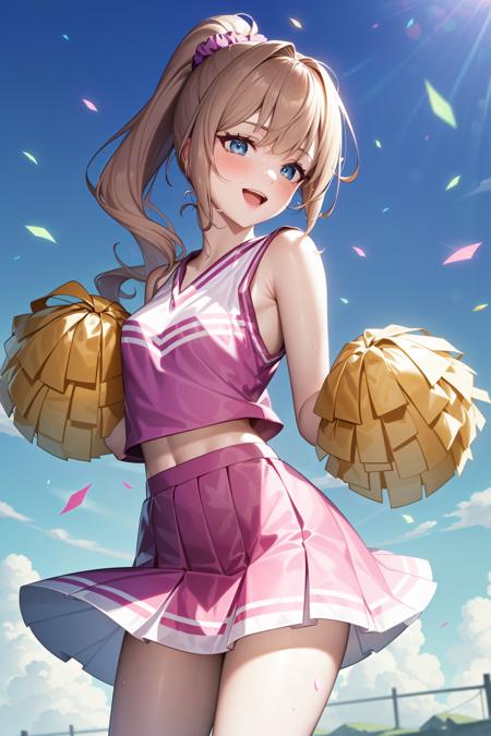 (masterpiece), (best quality), (ultra-detailed), photorealistic, (best illustration), ((an extremely delicate and beautiful)), 1girl, cheerleader, cowboy shot, pom pom \(cheerleading\), ponytail, hair scrunchie,  <lora:acogare_gfw_cheer_girl_nai_4:0.8> :d, pink clothing, brown hair, blue eyes, outdoors, blue sky, confetti, pleated skirt,