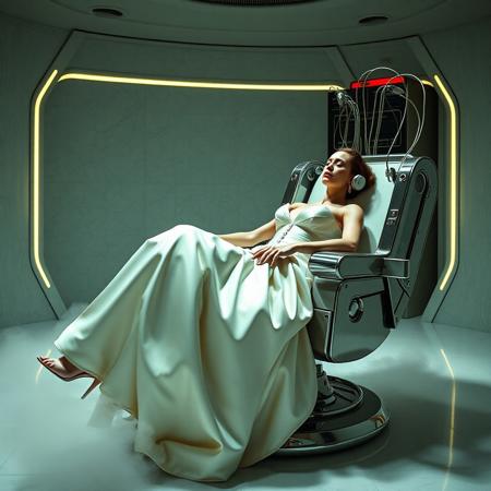 A slender, arrogant  rich norvegian bride, reclined in a polished steel restraint chair, dressed in a luxurious, rich fantasy satin wedding gown with a fitted, boned corset accentuating her ultra-thin waist.and a full, flared skirt, paired with satin high heels, orgasm face. The massive electrodes holding her head pressed to the steel restraint chair headrest,  cabled to a  futuristic superconputer rack. Her hands and ankles are bound to the steel restraint chair   by massive steel restraints,   weird fog from the floor. The scene is set in a sterile, empty chamber, with a glossy mother-of-pearl finish, evoking a sense of futuristic dread. Inspired by the cinematic styles of Ridley Scott, Guillermo del Toro, and H.R. Giger, with a blend of sci-fi and horror elements, this full-body portrait is a masterpiece of cinematic storytelling, shot on a virtual v-raptor XL camera, with a warm, film-grained aesthetic, subtle vignette, and rich color grading, reminiscent of 35mm film, with dramatic, atmospheric lighting, inviting the viewer to immerse themselves in this epic, stunning scene.