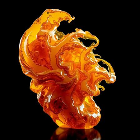 A large artistic surreal and complex sculpture of An abstract shape (composed of amber:1.5) and intricate fractal acanthus patterns. The texture of the amber should be highly detailed, showing fine, microscopic details. Emphasize the intricate patterns (swirls and splashes:1.8), with deep contrasts that highlight the unique physical characteristics of the amber, creating a surreal and scientific visual experience. colors being soft and unsaturated. highly detailed and complex, absurd res, 4k, 8k, cinematic, incredible details and clarity, no jpeg artifacts, crisp and clean details, hyper realistic, plain black background, (sub-suface scattering:1.5), (transparent:1.2), back left lighting out of frame,