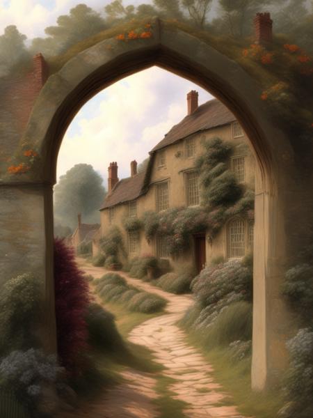 <lora:AlfredAugustusGlendening:1>walking on a stone path, toward a window, 1800s english county side