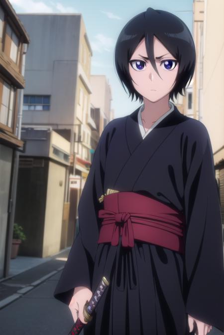 rukiakuchiki, <lora:rukiakuchiki-lora-nochekaiser:1>,
rukia kuchiki, shorthair rukia, short hair, black hair, hair between eyes, (purple eyes:1.1),
BREAK weapon, japanese clothes, sword, kimono, katana, sheath, hakama, black kimono, long sleeves, wide sleeves,
BREAK outdoors, city
BREAK looking at viewer, (cowboy shot:1.5),
BREAK <lyco:GoodHands-beta2:1>, (masterpiece:1.2), best quality, high resolution, unity 8k wallpaper, (illustration:0.8), (beautiful detailed eyes:1.6), extremely detailed face, perfect lighting, extremely detailed CG, (perfect hands, perfect anatomy),