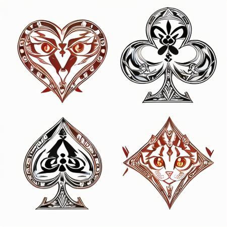 a set of poker symbols, a spade, a heart, a club, a diamond, (white background:1.2), ultra detailed, cat theme, masterpiece, best quality <lora:poker_symbol:1.0>