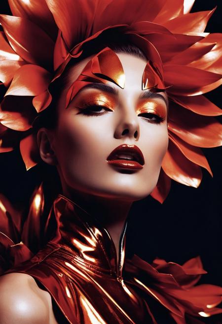 Surreal, Cinematic ultra-detailed portrait,  Thierry Mugler fashion photography. Close-up portrait. Model's face emerging from a giant, surreal flower with metallic petals and sharp edges. Dramatic, avant-garde lighting with bold shadows. High-fashion beauty with futuristic, architectural makeup. Bold, vibrant colors and intense contrasts. Inspired by Mugler's haute couture, avant-garde aesthetics, and Helmut Newton's photography. Cinematic, high-end fashion, luxury, exquisite details, bold textures, striking composition, futuristic elegance.