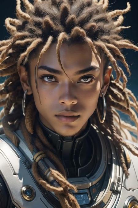 masterpiece, ultra high resolution, (best quality:1.7), 3/4 view, (close-up:1.7), an space man with dreadlocks, volumetric lighting, breathtaking futuristic background,