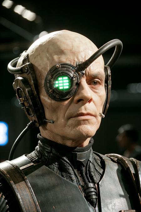 borg cyborg bald gray skin veins metal armor cable eyepatch