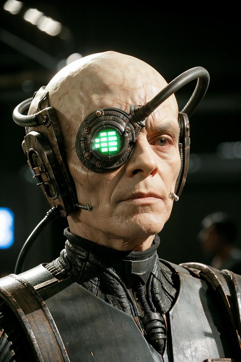 A man in a robotic outfit with a green light on his head.