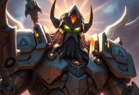 Create a highly detailed digital artwork of Reinhardt from Overwatch, with a focus on a close-up of the character's junk-robot appearance. The artwork should feature a full-body shot of Reinhardt in a grey suit, with a large bust and intricate details. Incorporate a halberd and torn wing VFX elements, and draw inspiration from the styles of Tim Hildebrandt, Laurie Greasley, and Jordan Grimmer. The artwork should have a cosmic, heavenly feel, with god rays and detailed, intricate details. Aim for a photorealistic style with micro details, and output the artwork in 4K HD.