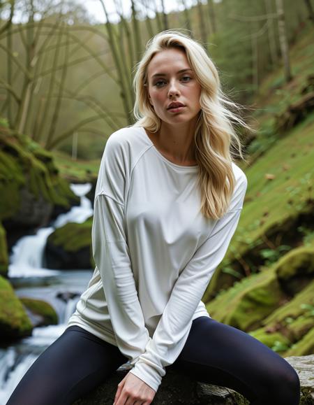 RAW full body analogue photo of a beautiful 25 years old woman, clear focus, high resolution image,,perfect face, sexy pose, wearing a Cropped pullover with kangaroo pocket, a cropped pullover featuring a kangaroo pocket for convenience, made from a soft, breathable fabric, This pullover pairs well with high-rise leggings that feature contouring seams to enhance the legs, perfect eyes, detailed eyes, detailed iris, realistic skin, absolute perfect tits, soft tits, natural tits, ,,low light, soft natural light, Rembrandt style light, Hasselblad DLSR camera, 200mm Zeiss lens, f/2.8 ,Sexy pose, erotic pose, exhibitionism, Leaning forward with one hand on the knee ,Enchanted waterfall
