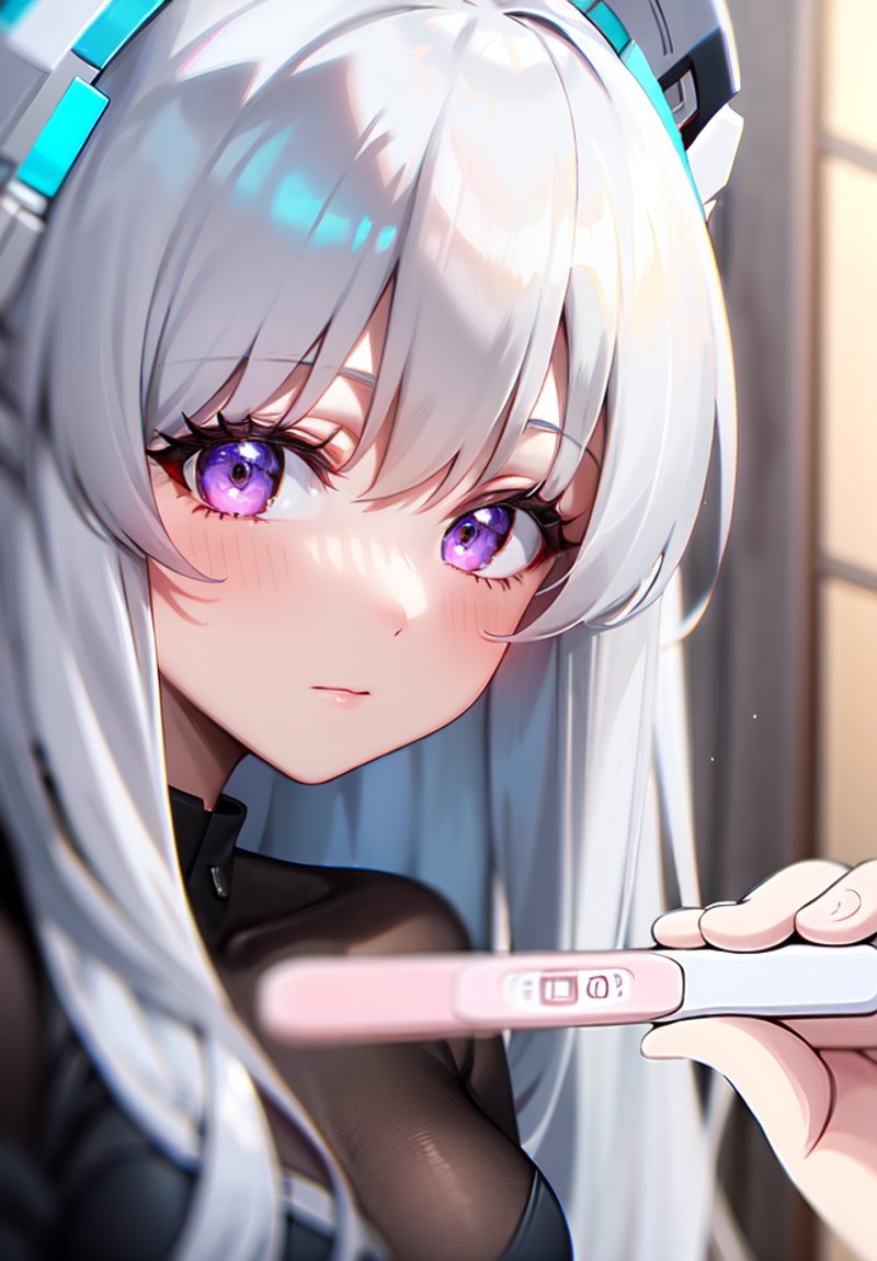 pregnancy test, 1girl, solo, white hair, purple eyes, close-up halo, long hair, looking at viewer, pov, holding,