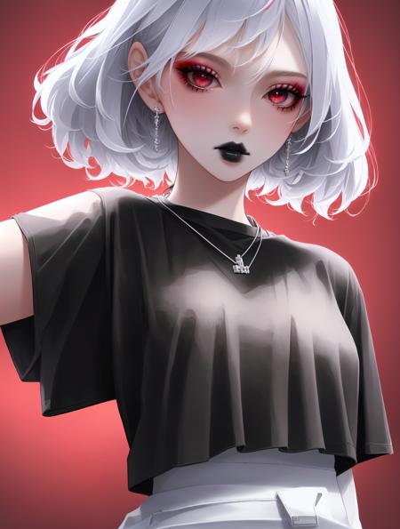 1girl, solo, goth, (black t-shirt:1.3), (t-shirt:1.5), makeup, black lipstick, parted lips, red eyes, white hair, short hair, messy hair, cute, ultra-detailed, illustration, intricate, detailed, extremely detailed, detailed face, soft lighting, soft light, soft focus, perfect face, beautiful, accurate anatomy, overexposure, 8k, 4k, (highres:1.1), best quality, (masterpiece:1.3), simple background, <lora:niji_jelly:0.8>, (waist up:1.1), flat chest, earrings, jewelry, necklace, sparkle, glow, (white baggy pants:1.4), (red background:1.5), (from below:0.5)