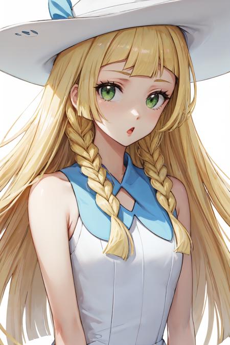 lillie blonde hair, long hair, twin braids, green eyes