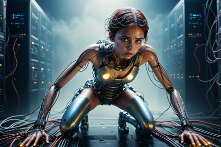 crawling on all fours in a pile of wires, 8k, hyperrealism, photorealistic, studio quality, mechanical girl body standing , teary eyes, crying, glittering tears, cinematic, mechanical parts, led glowing , scaly gelatinous circuit board armor, moist sweaty skin , 1.8 Canon 100mm F2.8, background old Data center, dust, nighttime, mystical fog, Tracery window, godrays