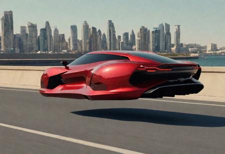 photo of red hover (2020's sports car), nowheels, science fiction, scifi, futuristic, city, paved road, flying